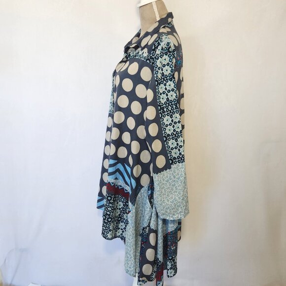 Tulip Women's Oversized Small Multi-Color Patchwork Asymmetric Button Tunic Top - Picture 9 of 15